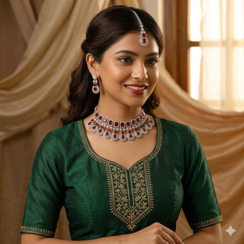 Red Indian Jewellery Diamond White Polish Necklace Set Rajashree.Shop