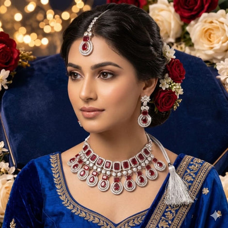 Red Indian Jewellery Diamond White Polish Necklace Set Rajashree.Shop