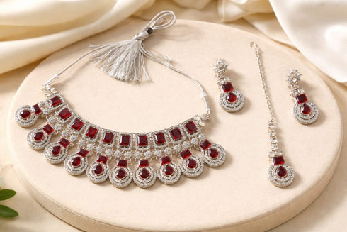 Red Indian Jewellery Diamond White Polish Necklace Set Rajashree.Shop