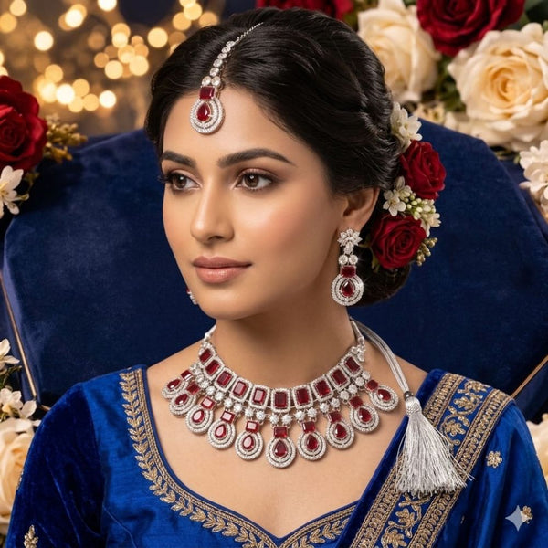 Red Indian Jewellery Diamond White Polish Necklace Set Rajashree.Shop